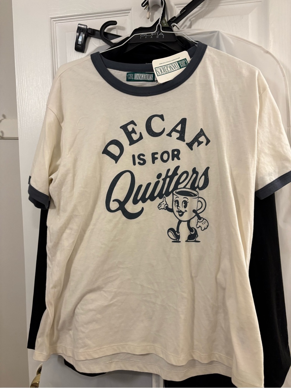 Decaf Is For Quitters Ringer Tee - Cream with Black Trim